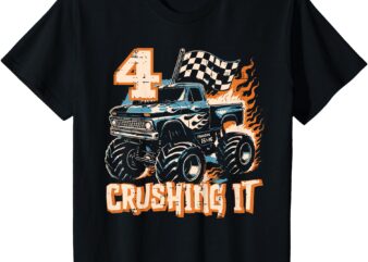 Kids 4 Crushing It Monster Truck Cool 4th Birthday Bday Boys Kids T-Shirt