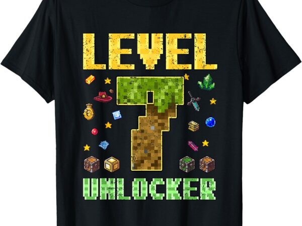 Level 7 unlocked birthday kid 7 year old 7th birthday pixel t-shirt