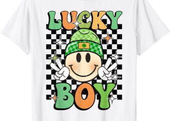 Lucky Boy Shamrock Smile Face Groovy Patricks Day Kid Boy T-Shirt