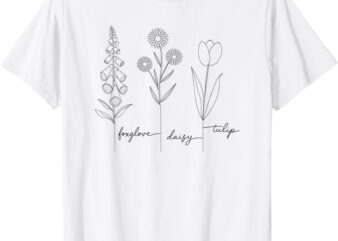 Minimalist Botanical Foxglove Daisy Tulip Garden Lover T-Shirt