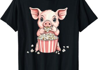 Pig Eating Popcorn Cartoon Cute Fun T-Shirt