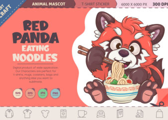 Cartoon Red Panda Eating Noodles. T-Shirt, PNG, SVG.