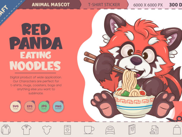 Cartoon red panda eating noodles. t-shirt, png, svg.