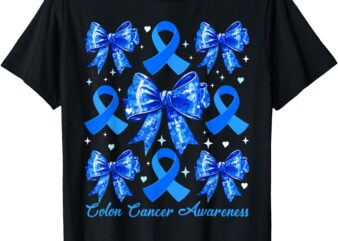 Retro Coquette Bow Blue Ribbon Colon Cancer Awareness Woman T-Shirt