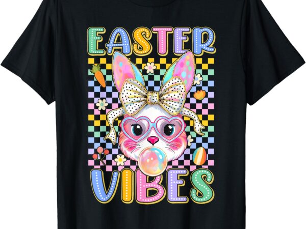 Retro groovy easter vibes bunny checkered smile womens girls t-shirt