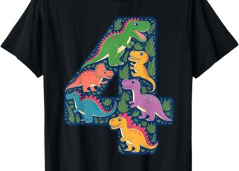 Roaring into 4 Four Year Old Dinosaur Birthday 4th Fourth T-Shirt