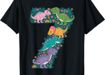 Roaring into 7 Seven Year Old Dinosaur Birthday 7th Seventh T-Shirt