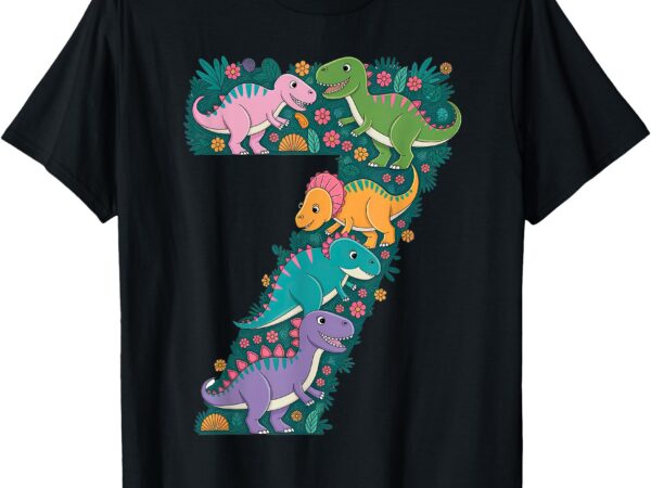 Roaring into 7 seven year old dinosaur birthday 7th seventh t-shirt