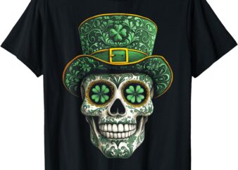 Sugar Skull St Patrick Day of the Dead Lucky Shamrock Clover T-Shirt