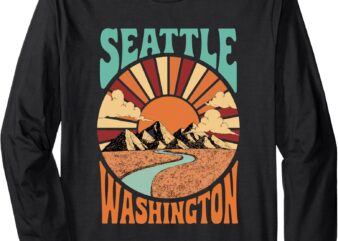 Vintage Seattle Washington Mountains and Sunset Retro Design Long Sleeve T-Shirt