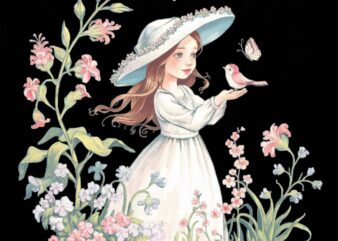 Whimsical Girl with Bird Art Print Elegant Wide Brim Hat