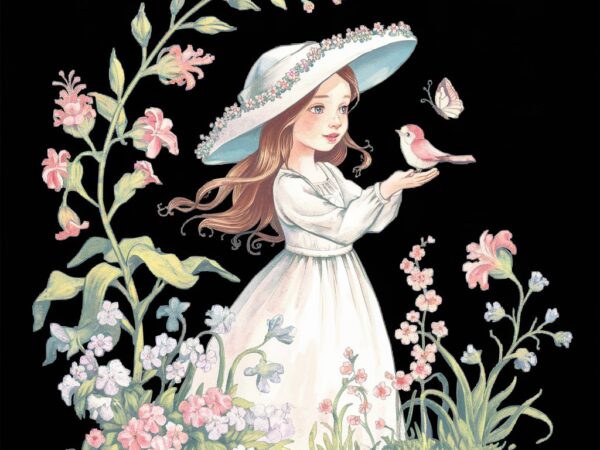 Whimsical girl with bird art print elegant wide brim hat t shirt design for sale