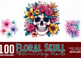 Mega Bundle of Trendy Retro Punk Skull Floral t-shirt design bundle of 100 designs