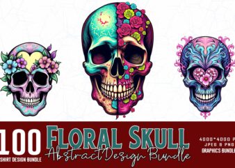 Trendy Retro Punk Skull Floral t-shirt design bundle of 100 designs – bestselling design bundle download instantly