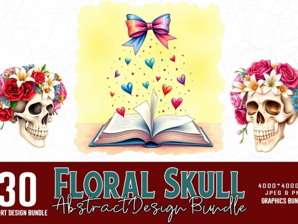 Trendy retro punk skull floral t-shirt design bundle of 30 designs
