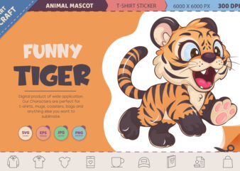 Funny cartoon tiger. T-Shirt, PNG, SVG.