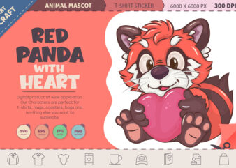 Cartoon Red Panda with Heart. T-Shirt, PNG, SVG.