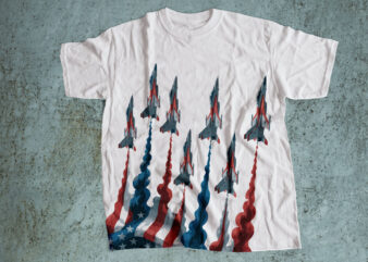 Fighter jet formation with american flag contrails t-shirt design – patriotic military airshow art for bold apparel