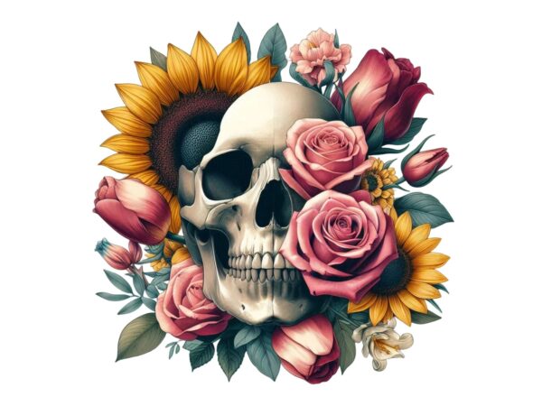Colourful vintage floral skull t-shirt design download instantly