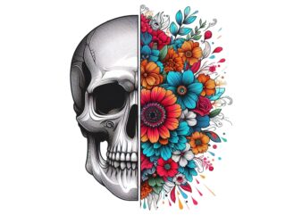 Watercolour Floral Skull Retro Illustration T-shirt design download instantly
