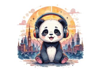 Watercolour Cute Panda Retro Illustration T-shirt design