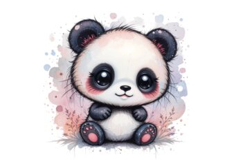 Watercolour Cute Panda Retro Illustration T-shirt design