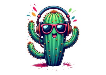 Colourful Vintage Music Addict Cactus t-shirt design download instantly