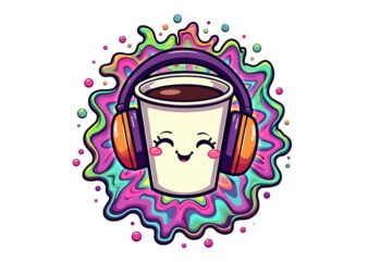 Watercolour Cute Music Lover Coffee Cup Retro Illustration T-shirt design