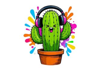 Colourful Vintage Music Addict Cactus t-shirt design download instantly Retro Vintage T-shirt