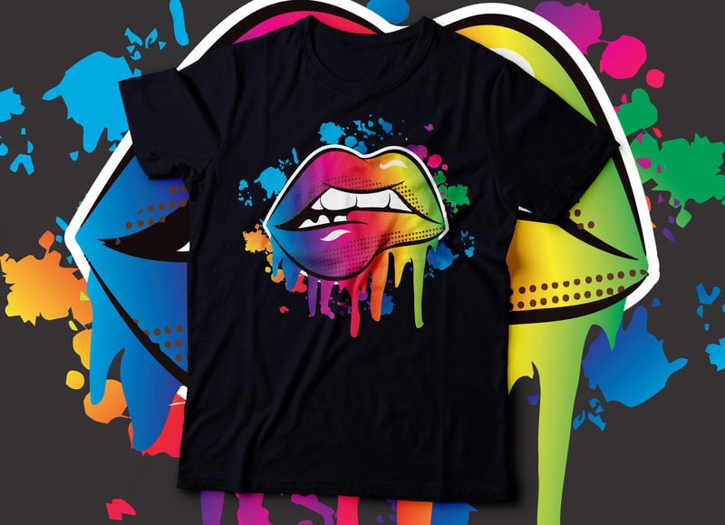 Womens Casual PLUS SIZE Rainbow Drip Lip Graphic Print T-Shirt