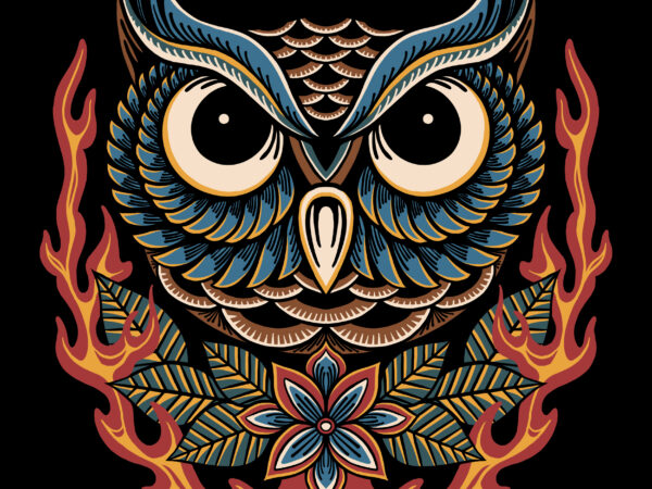 Owl and flame traditional illustration fpr t-shirt design - Buy t-shirt ...
