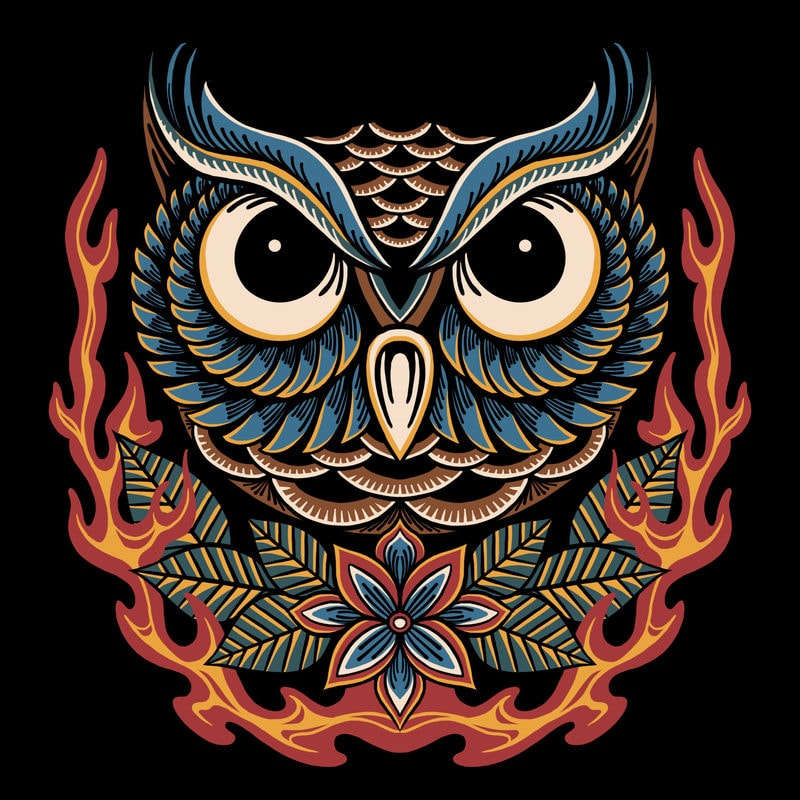 Owl and flame traditional illustration fpr t-shirt design - Buy t-shirt ...