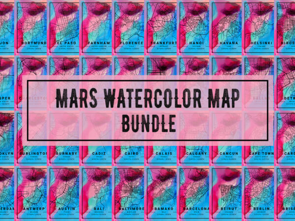 Mars watercolor map bundle t shirt designs for sale