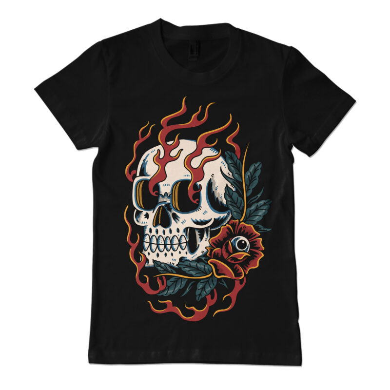 Skull and eye of roses traditional t-shirt design - Buy t-shirt designs