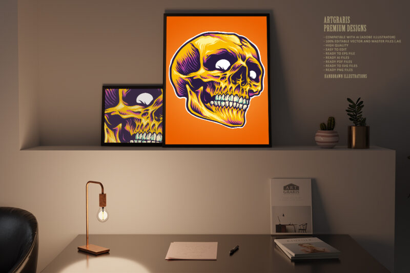 Cracked golden skull head psychedelic Illustrations