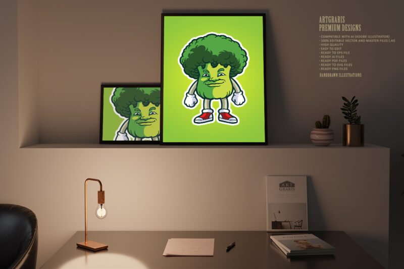 Broccoli vegetable mascot cartoon colorful