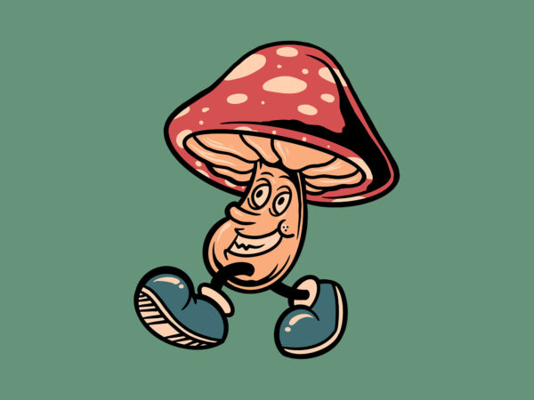 Walking mushroom cartoon t shirt design for sale