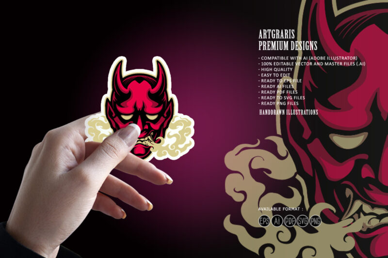 Scary smoke red hannya mask logo mascot