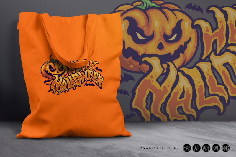 Halloween typography with jack o lantern and bat